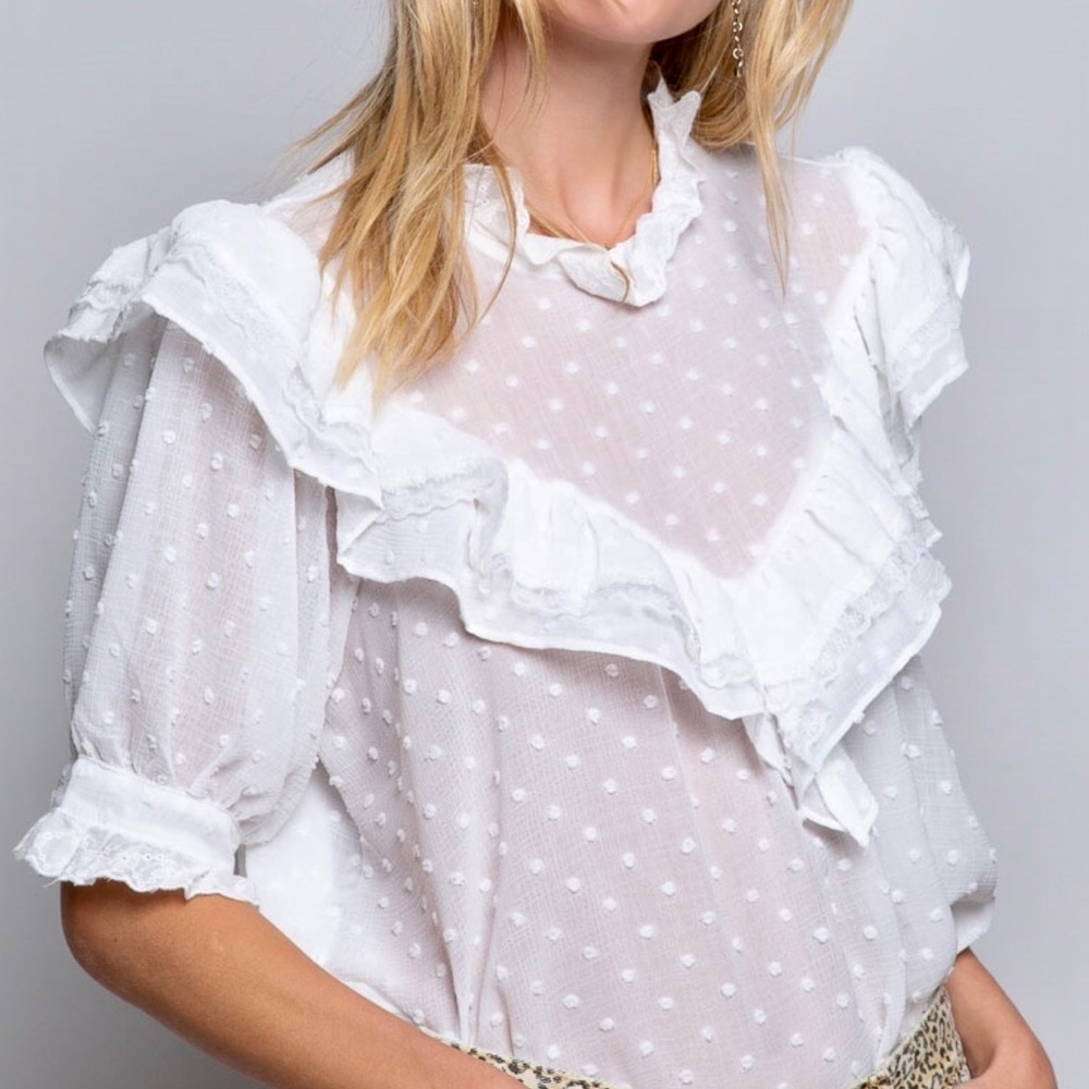POL Swiss Dot Ruffle Mock Neck Blouse Half Sleeves Relaxed Fit - Picture 3 of 11